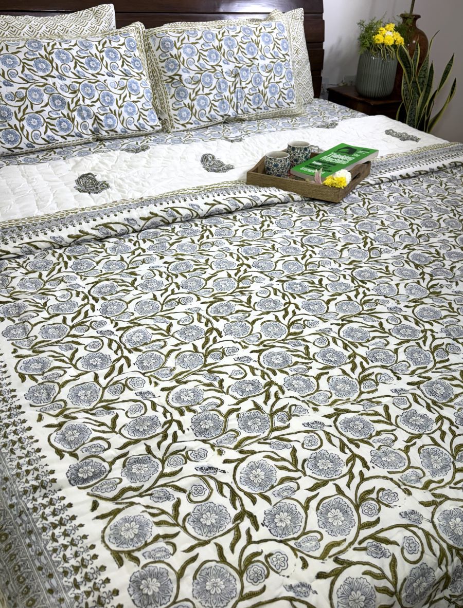 Green Flower Jaal Patterns Hand Block Quilt/ Razai