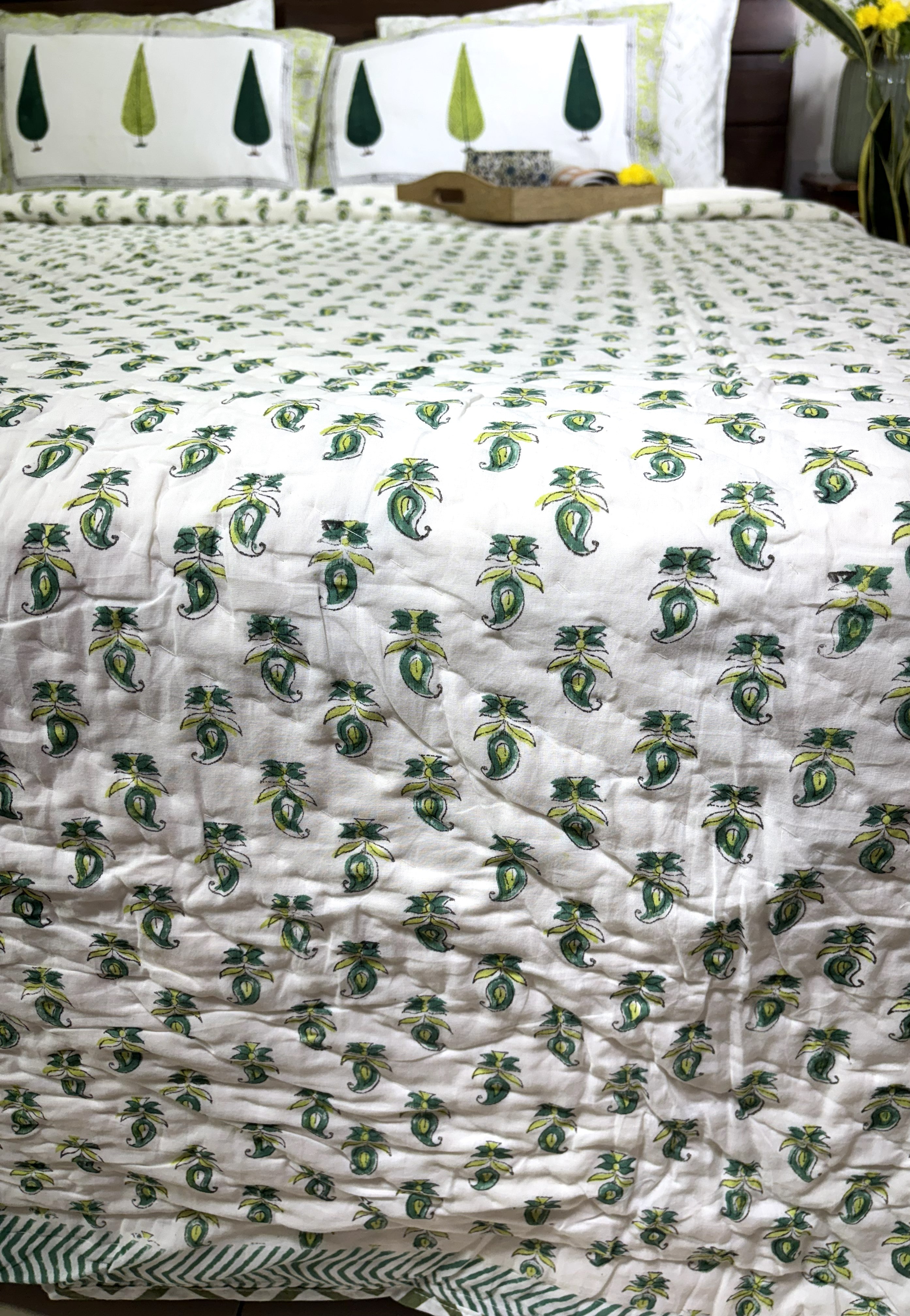Green Tree Motif Patterns Hand Block Quilt/ Razai