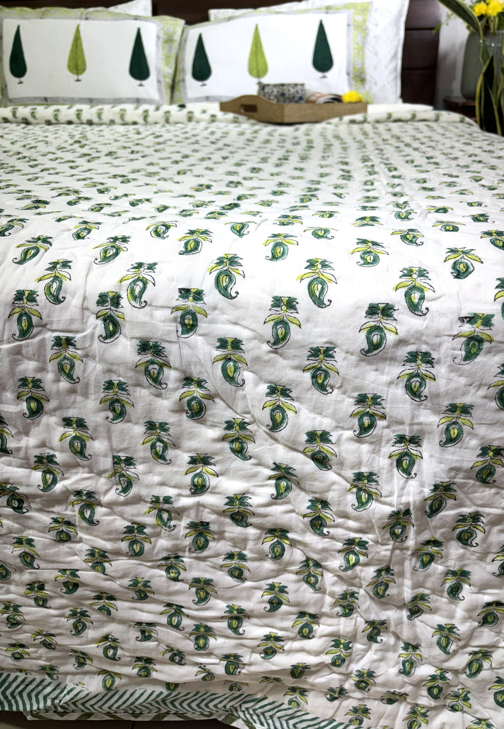 Green Tree Motif Patterns Hand Block Quilt/ Razai