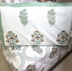 Green Flower Hand Block Bedsheet with 2 Pillow Cover Set - 220TC