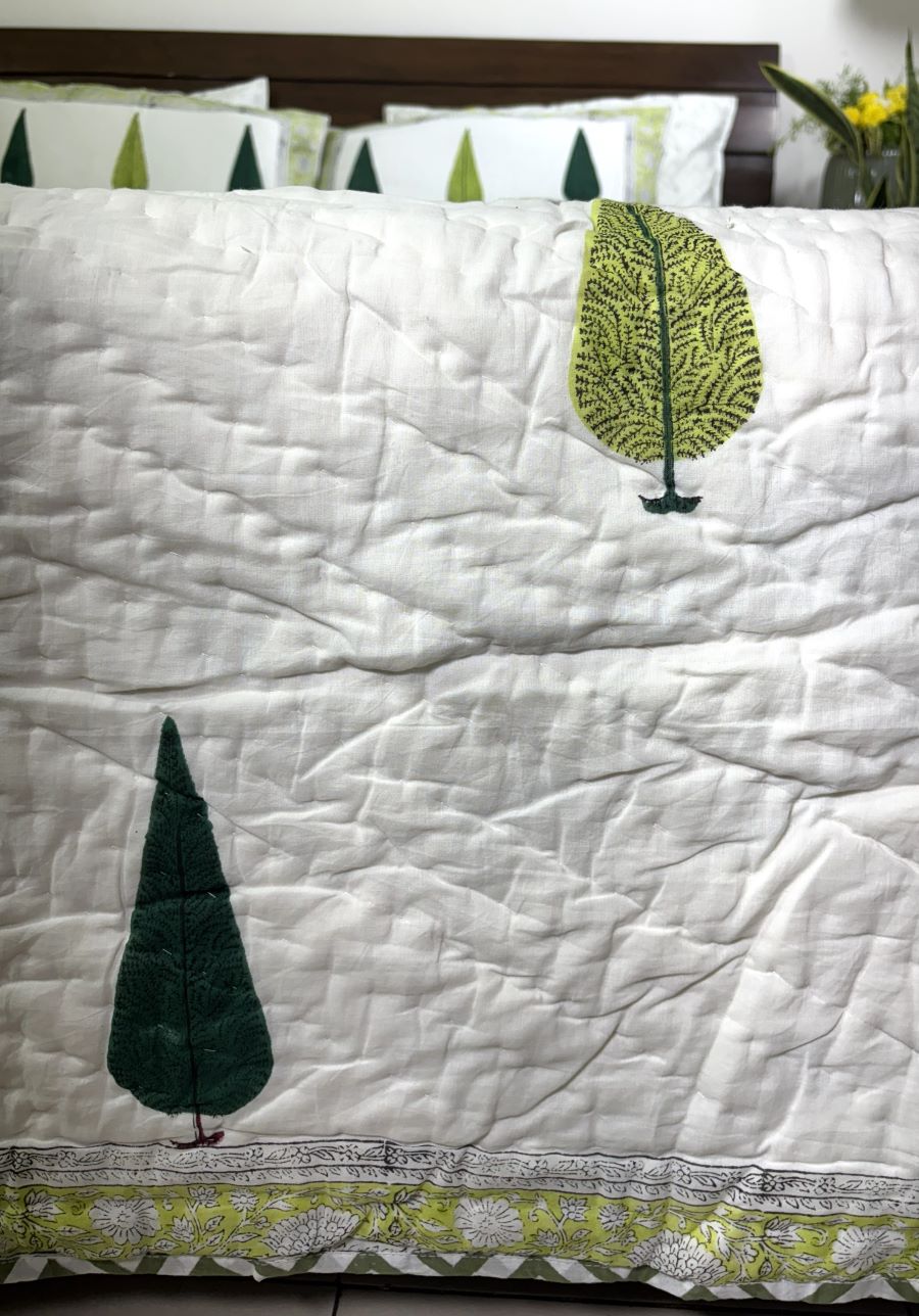 Green Tree Motif Patterns Hand Block Quilt/ Razai