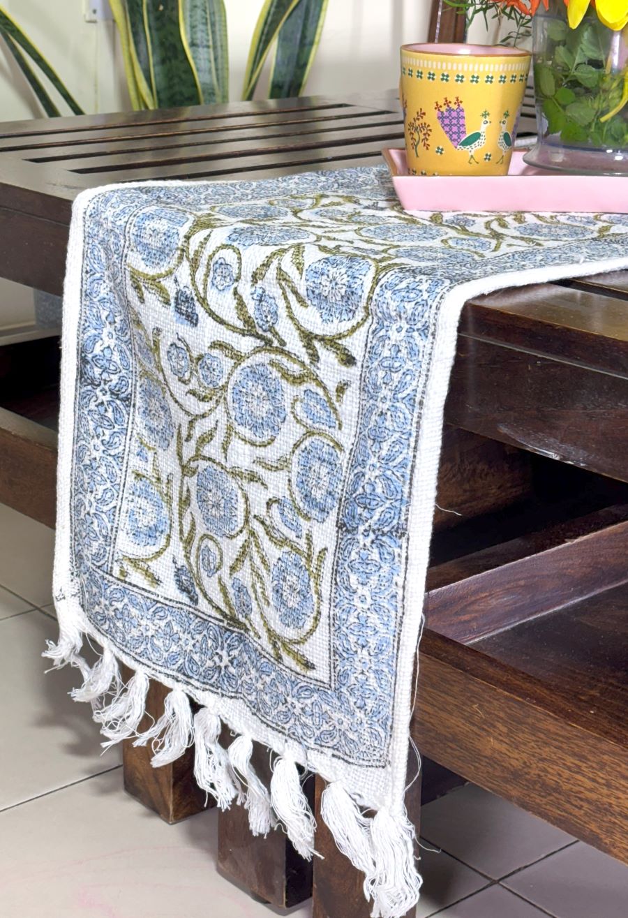 Green Jaal Hand Block Printed Jute Table Runner