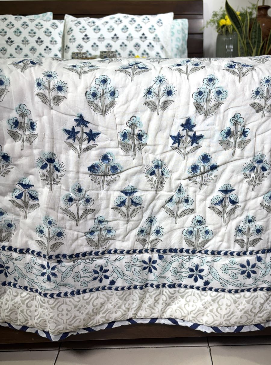 Blue & Grey Small Butta Patterns Hand Block Quilt/ Razai