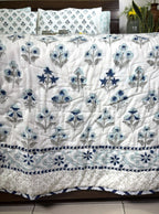 Blue & Grey Small Butta Patterns Bedsheet & Quilt/ Razai Set - Hand Block Printed