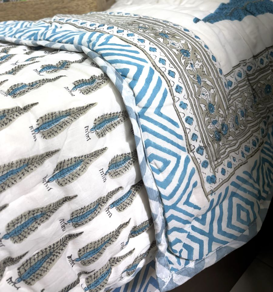 Blue Tree Motif Patterns Bedsheet & Quilt/ Razai Set - Hand Block Printed