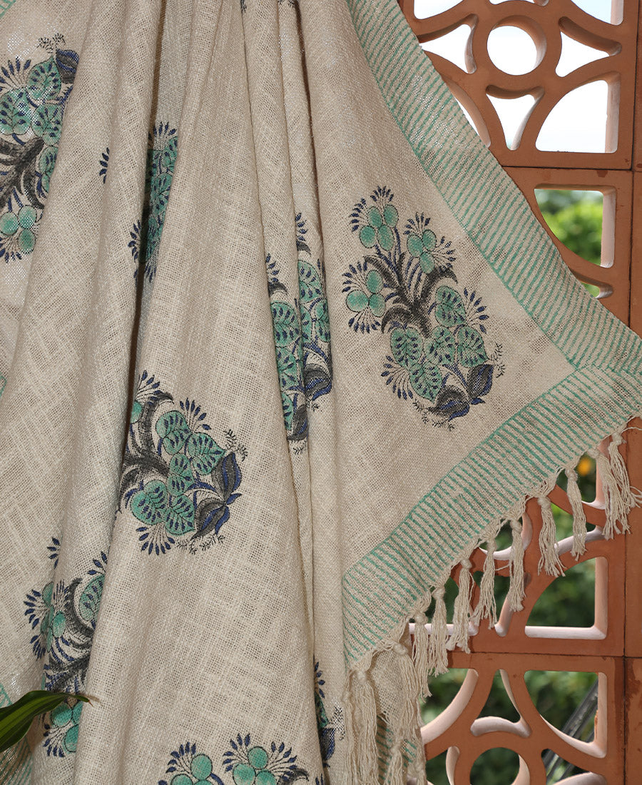 Green Flower Jute Fabric Hand Block Sofa Throw