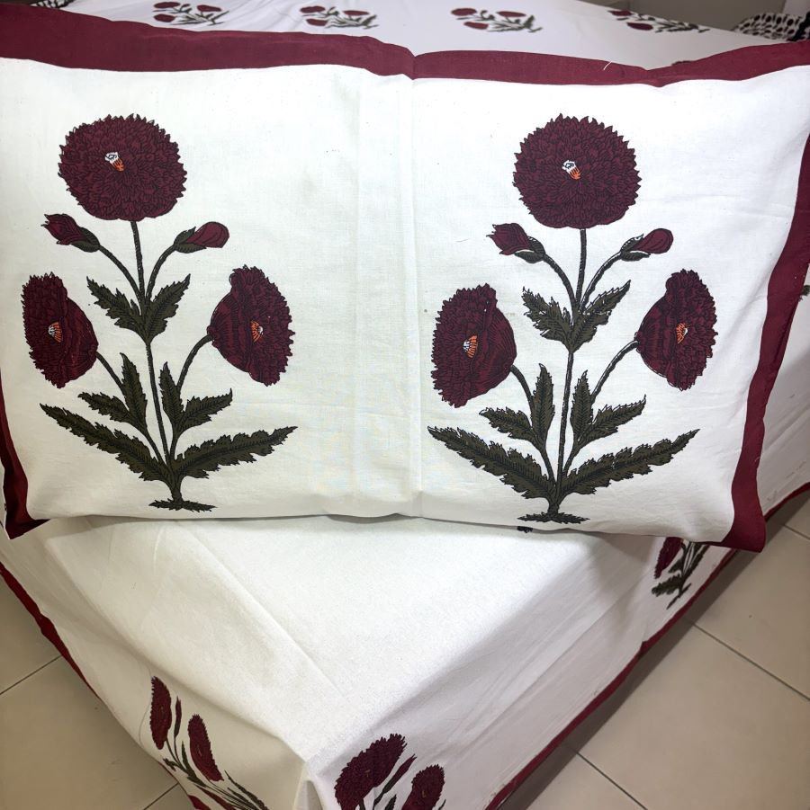 Maroon Marigold Hand Block Bedsheet with 2 Pillow Cover Set - 220TC