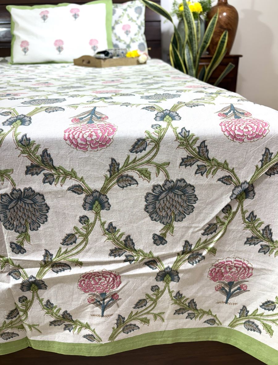 Jacobean floral Pink & Grey Hand Block Bedsheet with 2 Pillow Cover Set - 220TC