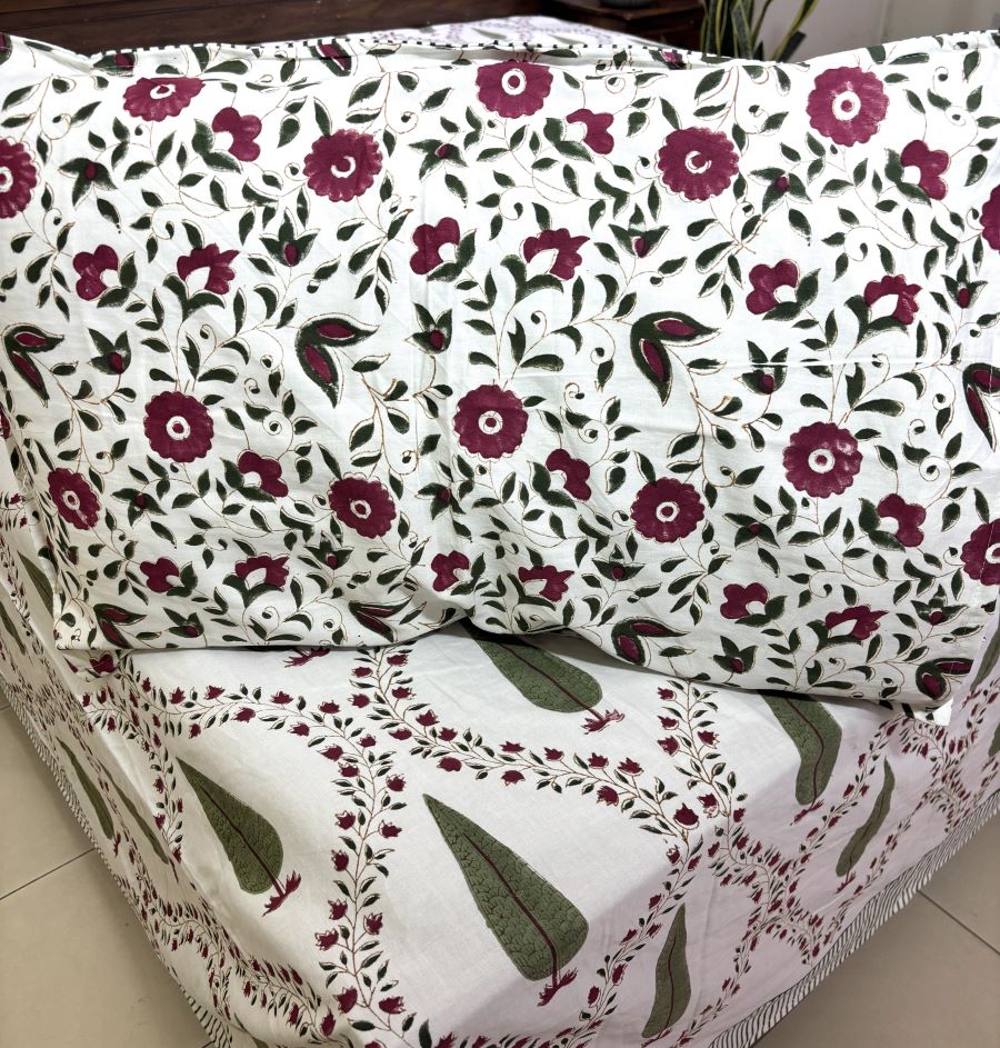 Green & Maroon Tree of Life Patterns Hand Block Bedsheet with 2 Pillow Cover Set - 400TC