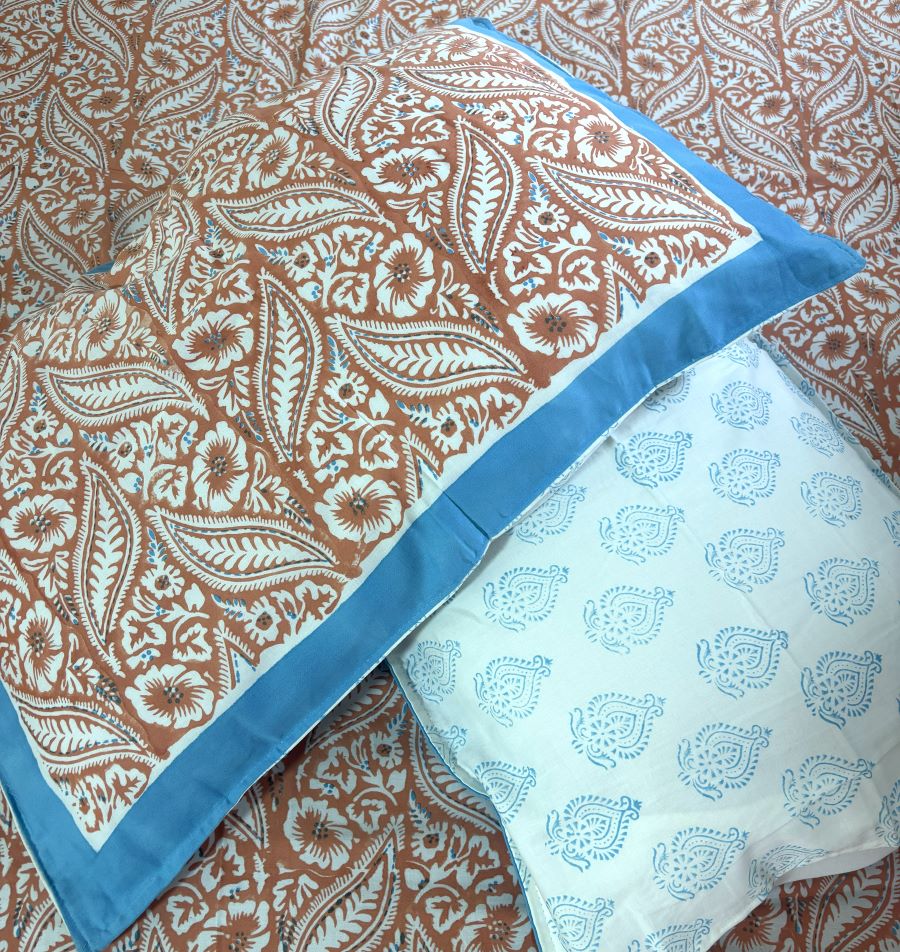 Orange Leaf Patterns  Hand Block Bedsheet with 2 Pillow Cover Set - 400TC
