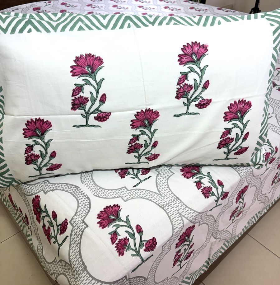 Deep Pink Carnation Flower Patterns Hand Block Bedsheet with 2 Pillow Cover Set - 400TC
