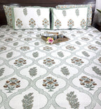 Green Flower Hand Block Bedsheet with 2 Pillow Cover Set - 220TC