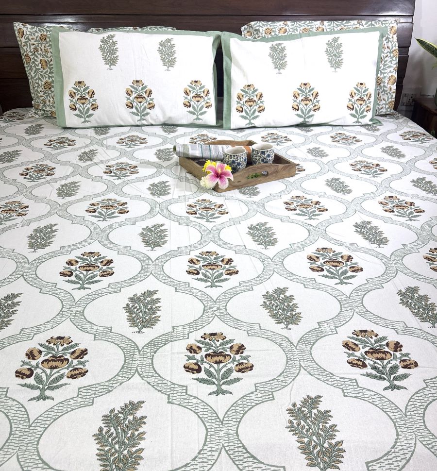 Green Flower Hand Block Bedsheet with 2 Pillow Cover Set - 220TC
