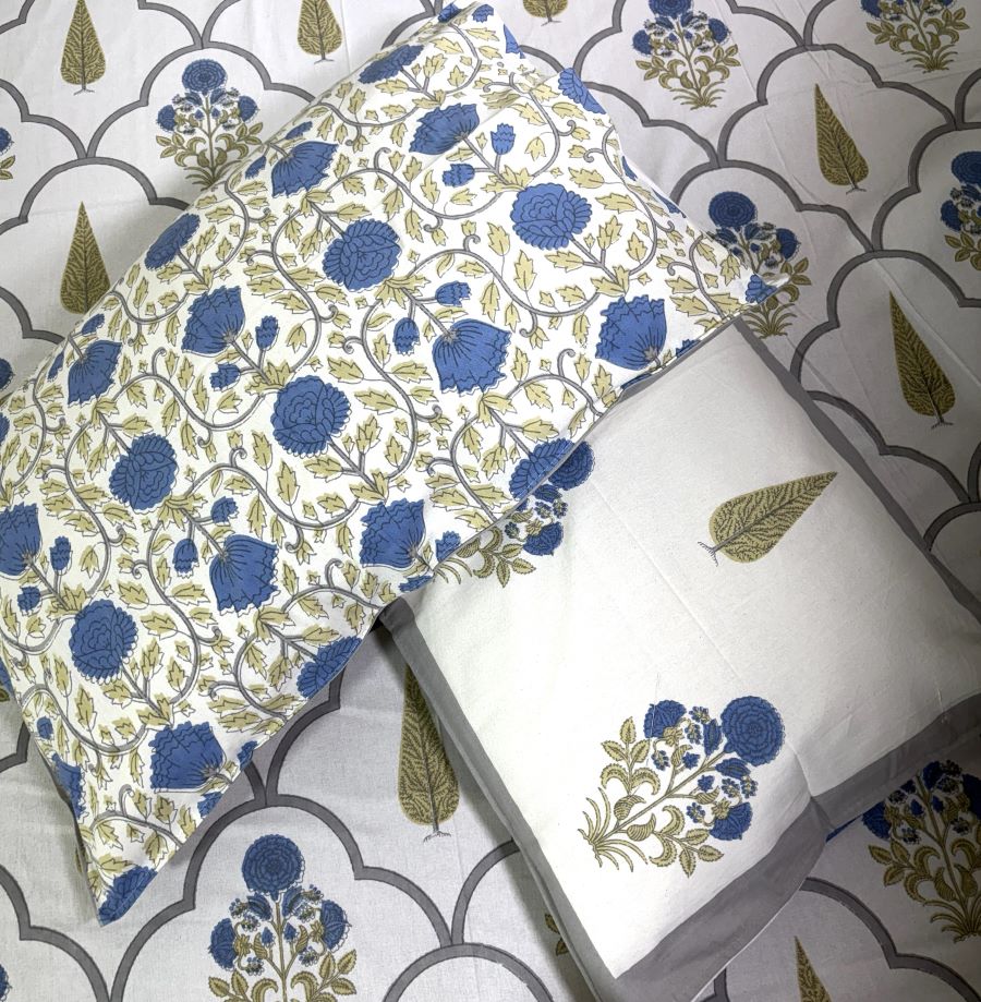 Blue Gulbahar Sunflower Hand Block Bedsheet with 2 Pillow Cover Set - 220TC