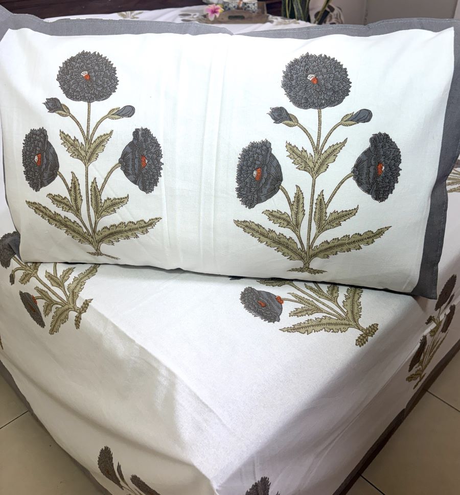 Grey Marigold Hand Block Bedsheet with 2 Pillow Cover Set - 220TC