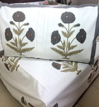 Grey Marigold Hand Block Bedsheet with 2 Pillow Cover Set - 220TC