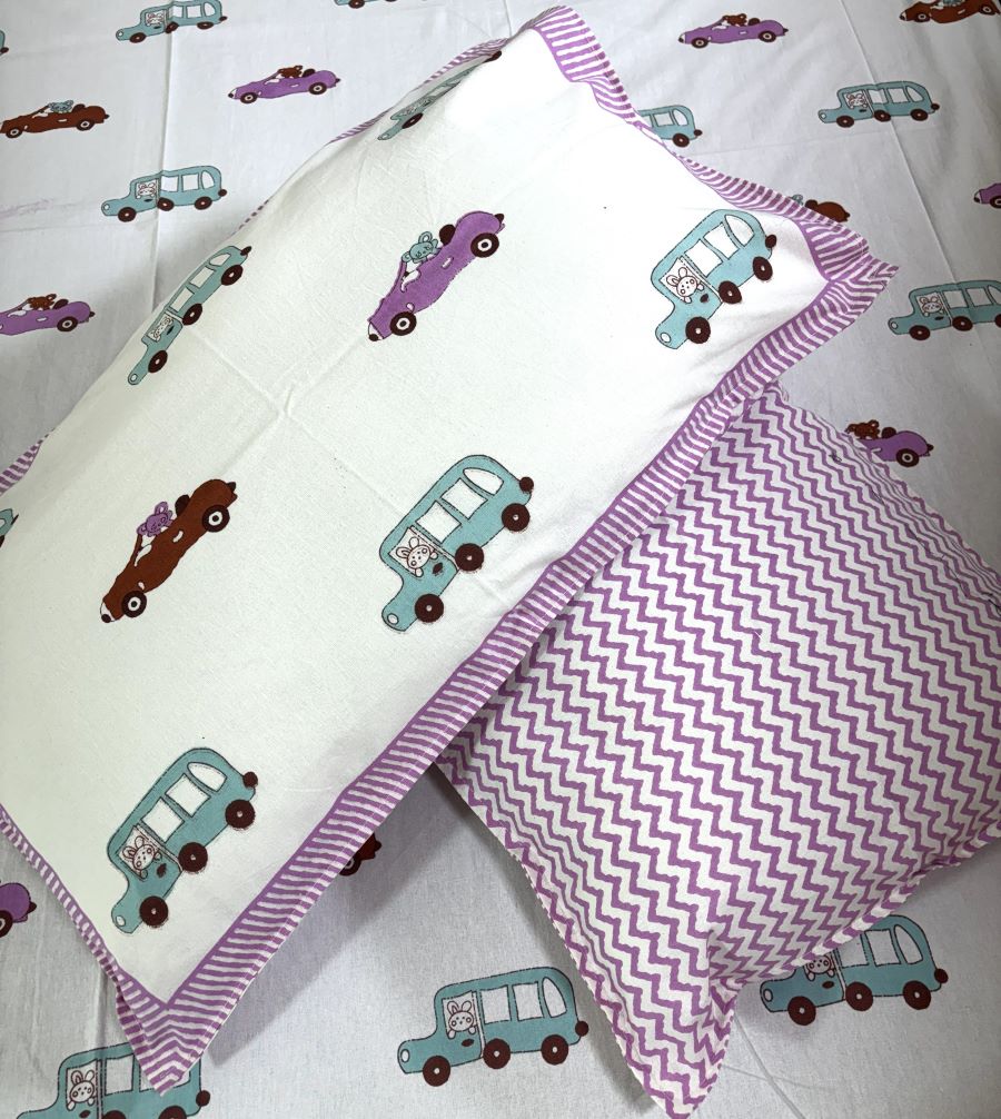 Pink,Blue & Brown Car Hand Block Bedsheet with 1 Pillow Cover- 220TC