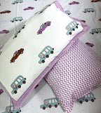 Pink,Blue & Brown Car Hand Block Bedsheet with 1 Pillow Cover- 220TC