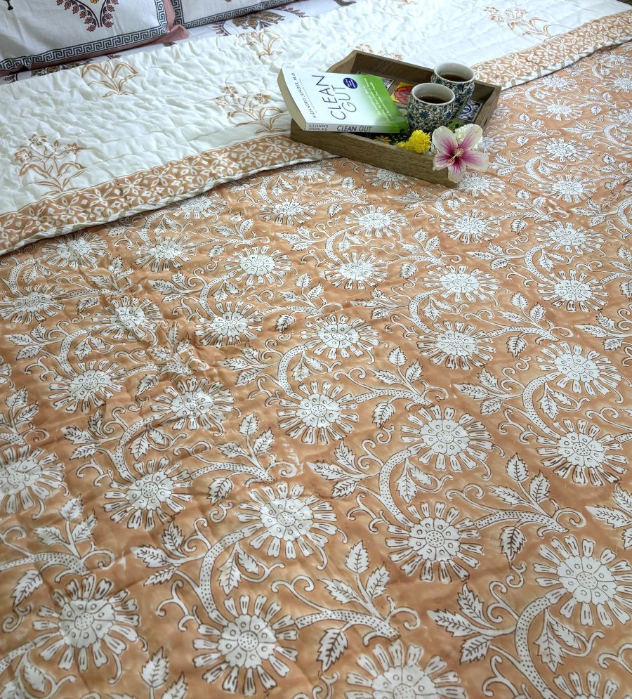 Orange Round Flower Jaal Patterns Hand Block Quilt/ Razai