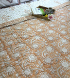 Orange Round Flower Jaal Patterns Hand Block Quilt/ Razai