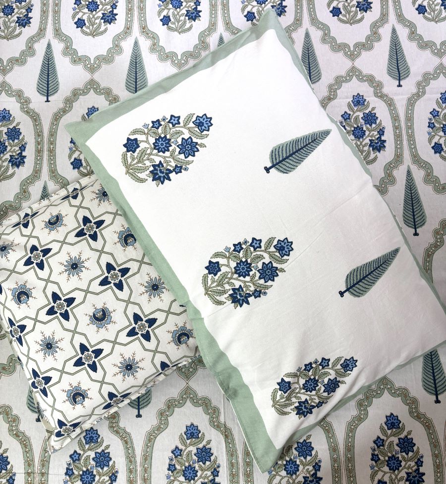 Blue Gulbahar Jaal Hand Block Bedsheet with 2 Pillow Cover Set - 220TC