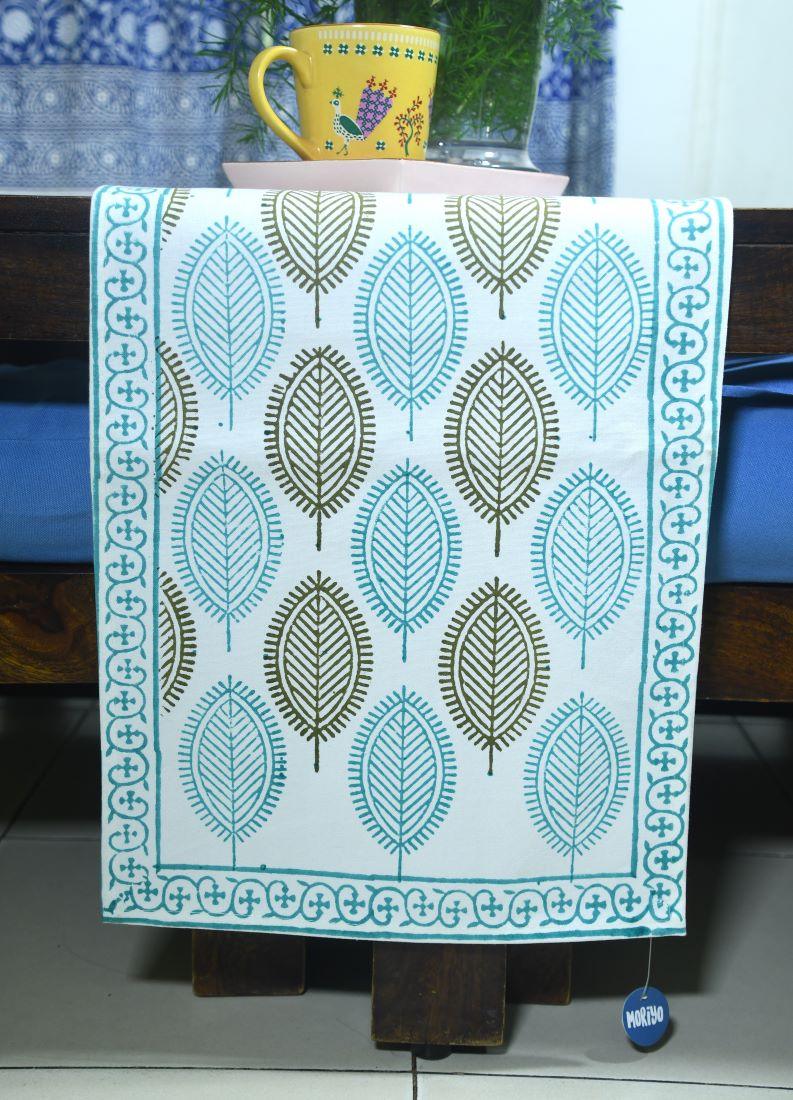 Mehndi Green & Blue Petal Hand Block Cotton Canvas Table Runner