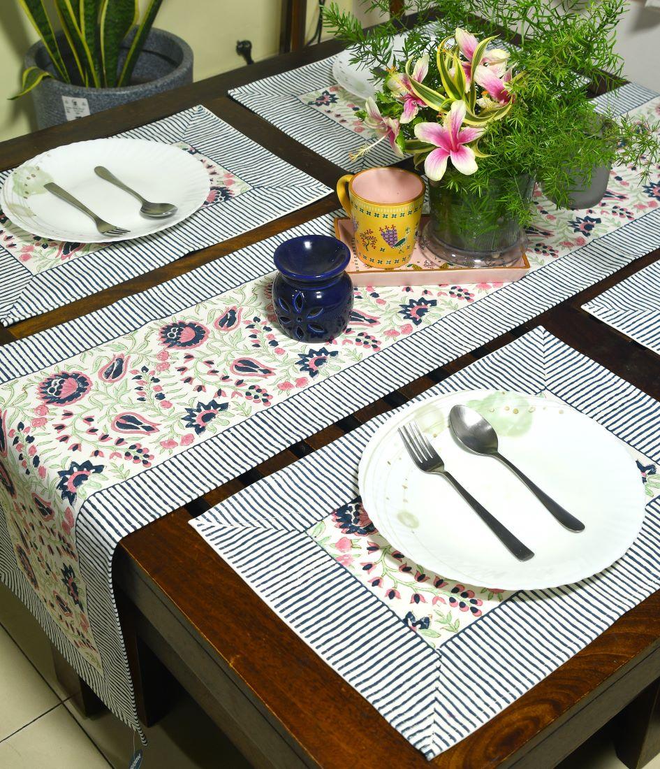 Mughal Mirage in Flouroscents Hand Block Cotton Canvas Table Runner & Mat  Set