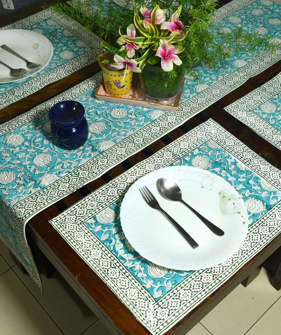 Gaandhar Ke Hare Kamal Hand Block Cotton Canvas Table  Runner & Mat Set