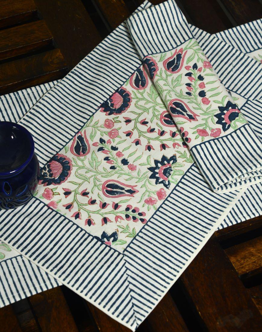 Mughal Mirage in Flouroscents Hand Block Cotton Canvas Table Runner & Mat  Set