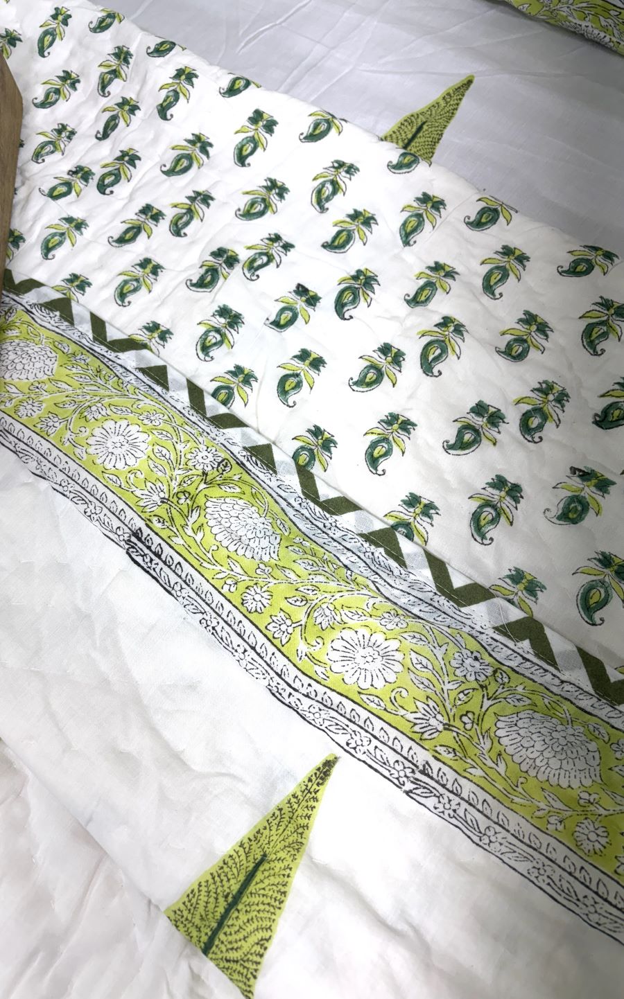 Green Tree Motif Patterns Hand Block Quilt/ Razai