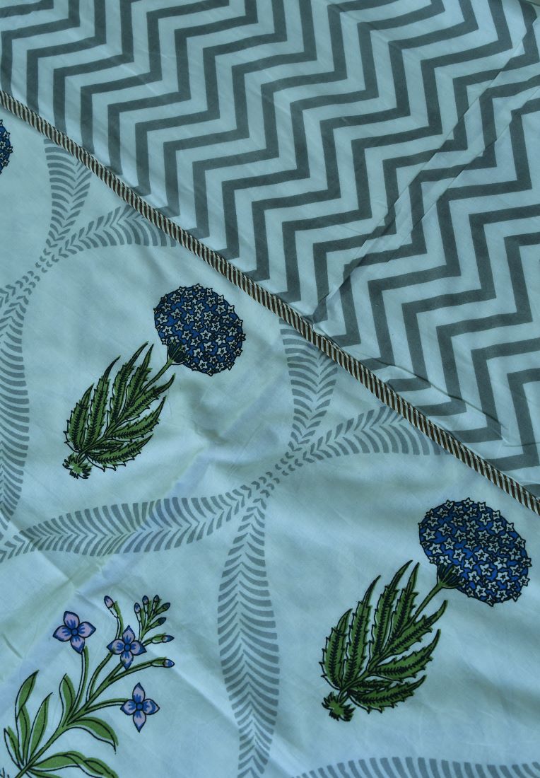 Blue Marigold with Pink Lilly Dohar Bedsheet & Dohar Set – Hand Block Printed