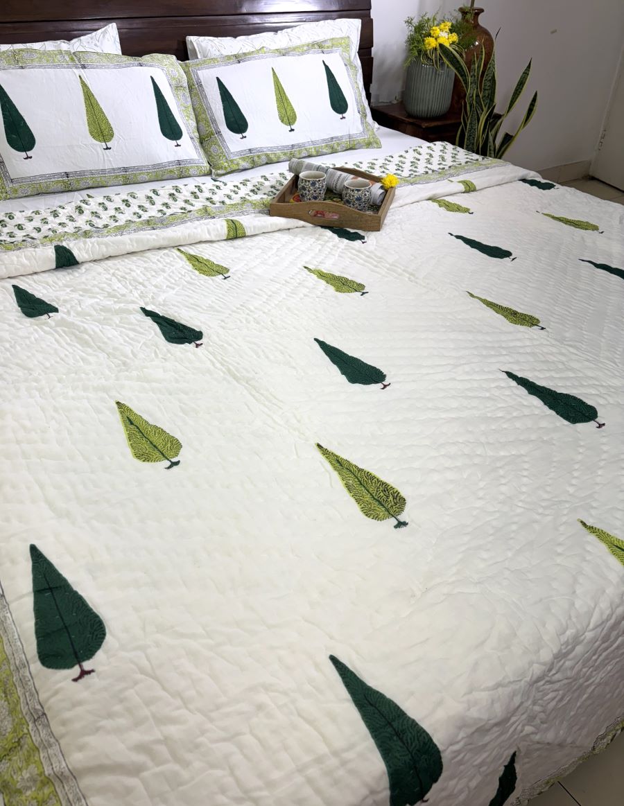 Green Tree Motif Patterns Hand Block Quilt/ Razai