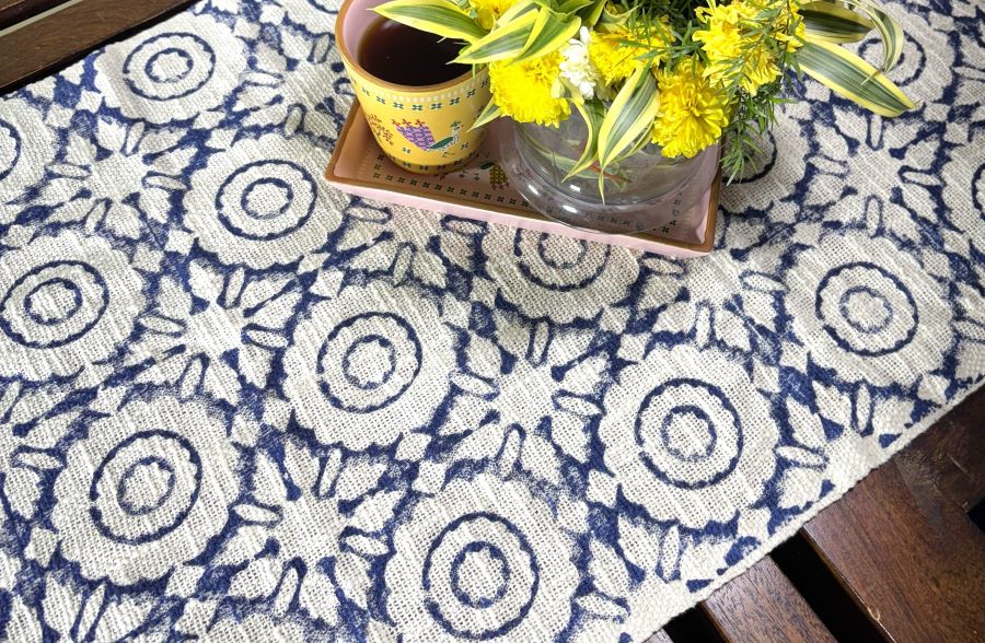 Blue Circular Motif Hand Block Printed Jute Table Runner