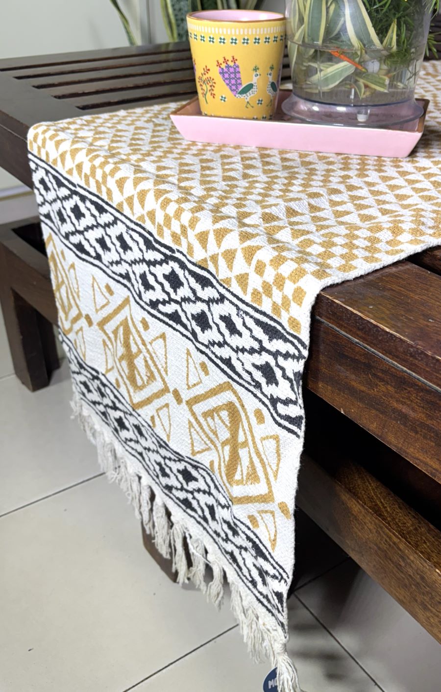 Beige Geometric Triangle Hand Block Printed Jute Table Runner
