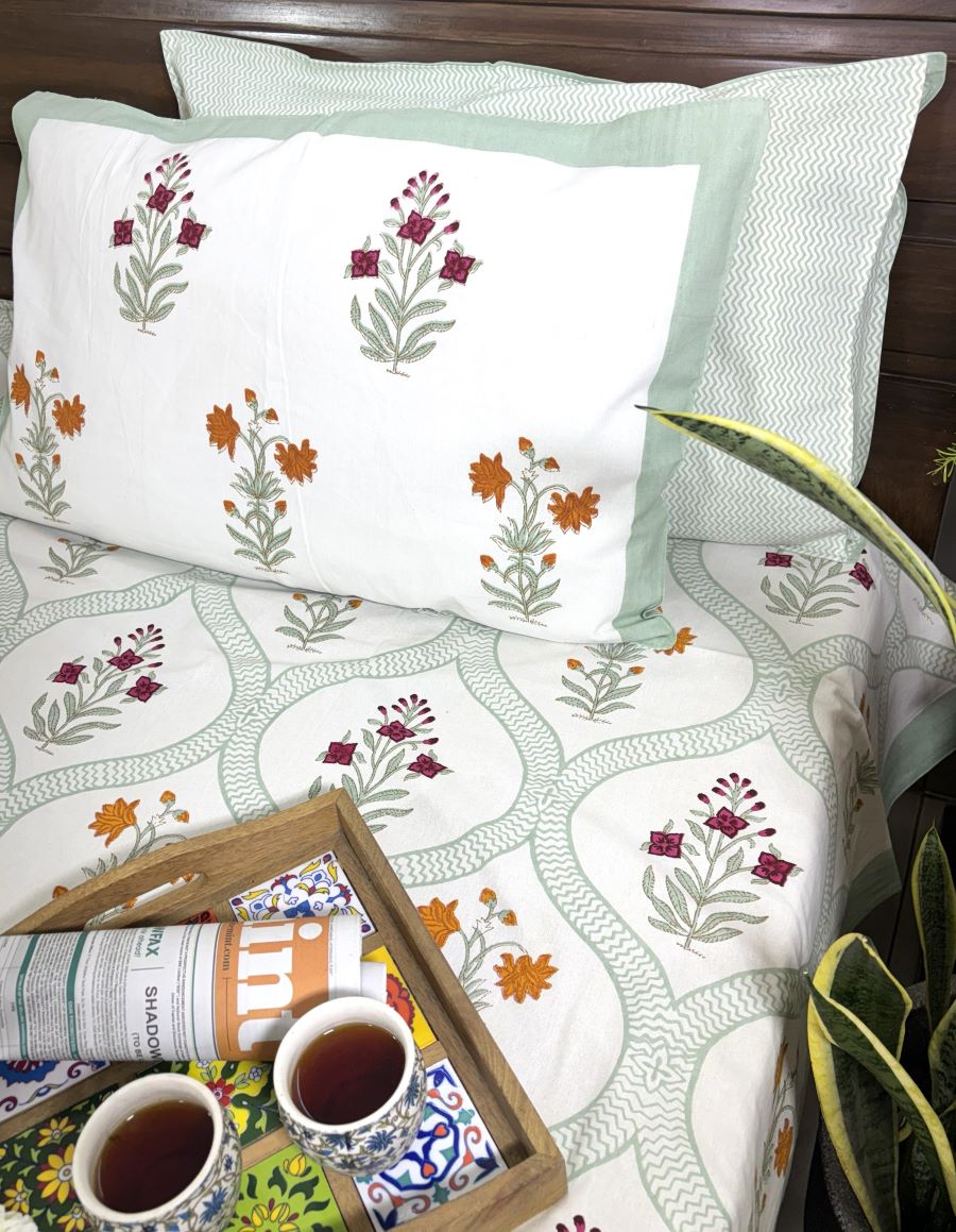 Floral Jaal Pink & Yellow Lilly Hand Block Bedsheet with 2 Pillow Cover Set - 220TC