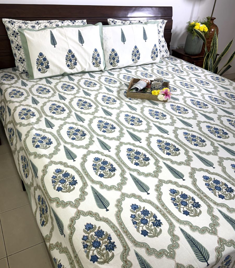 Blue Gulbahar Jaal Hand Block Bedsheet with 2 Pillow Cover Set - 220TC