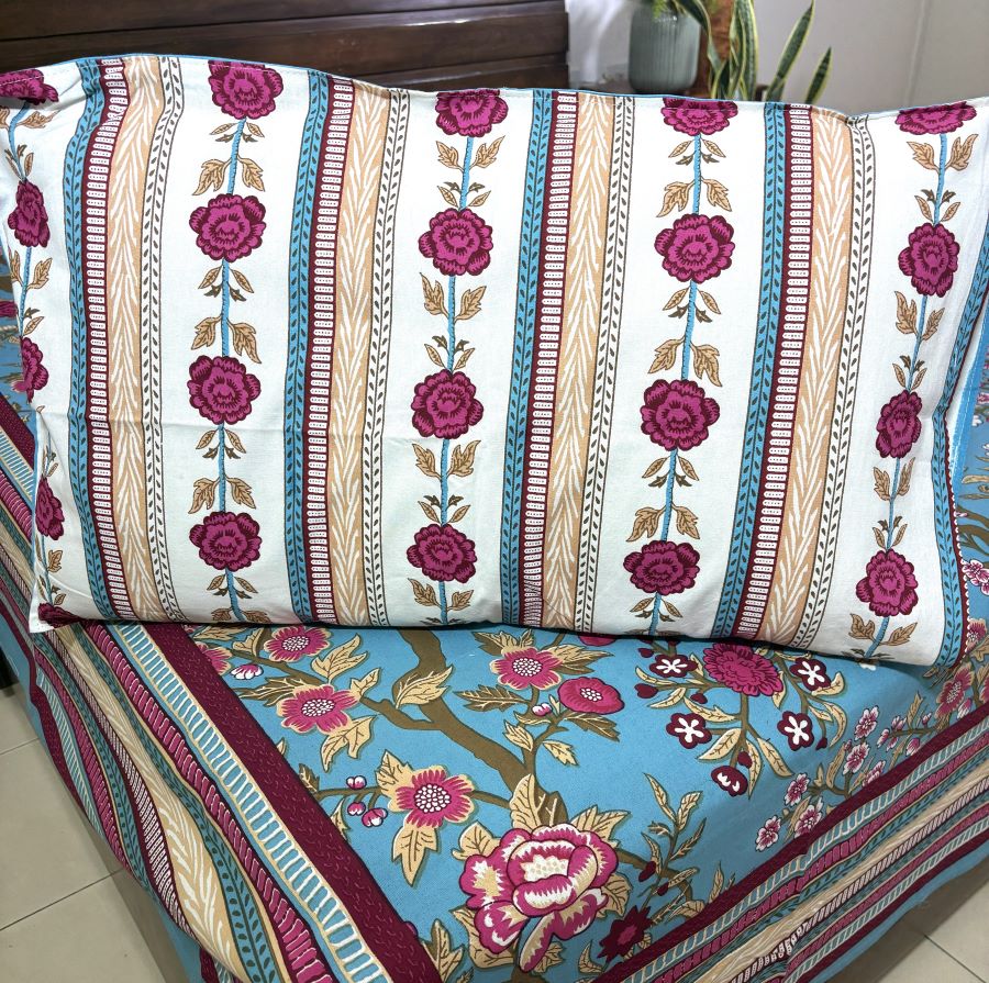 Morning at the Mughal Gardens Hand Block Bedsheet with 2 Pillow Cover Set - 220TC