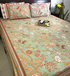 Morning at the Mughal Gardens Pestel Green Hand Block Bedsheet with 2 Pillow Cover Set - 220TC