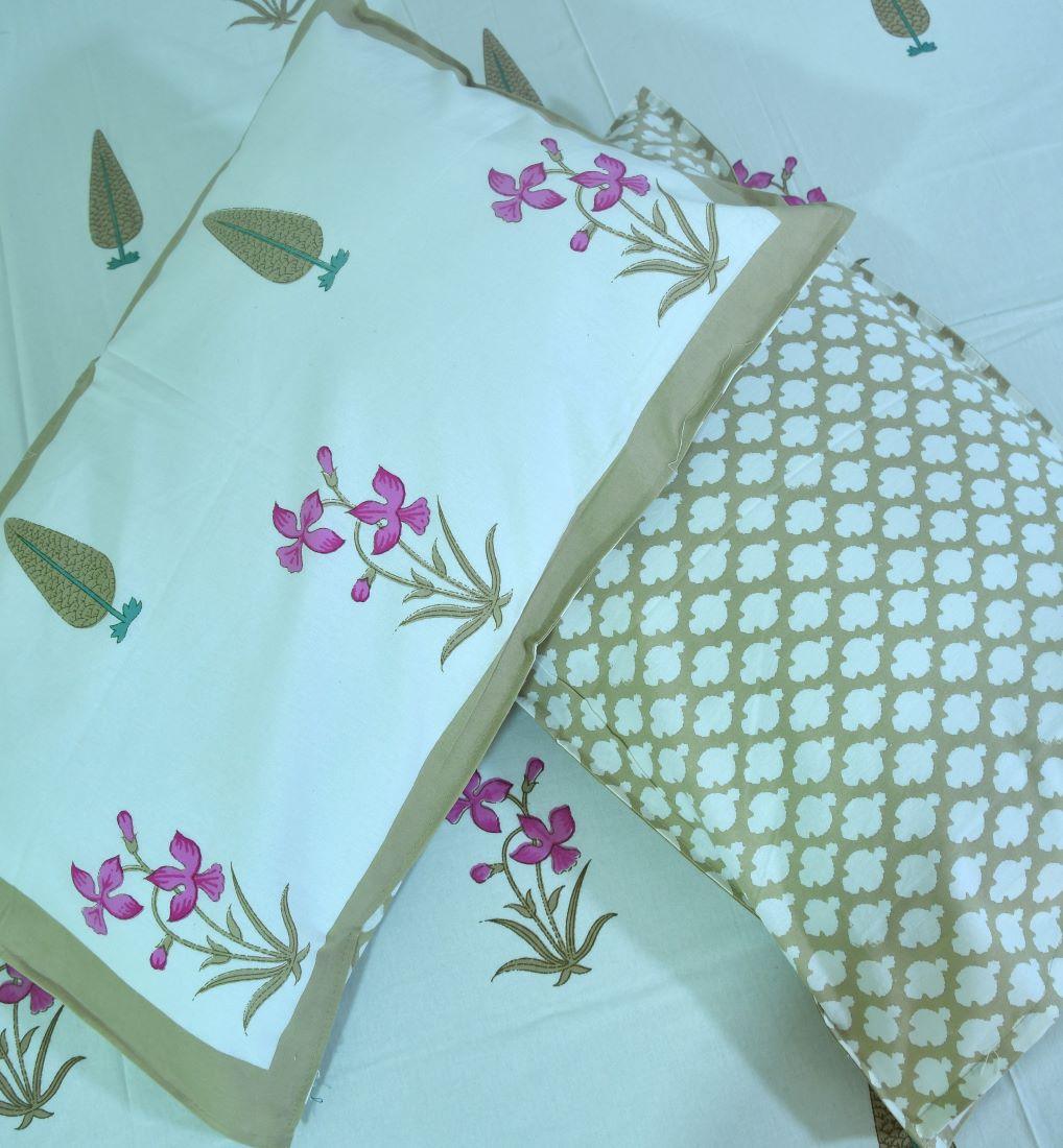 Pink Lilly Gulbahaar Hand Block Bedsheet with 2 Pillow Cover Set - 220TC