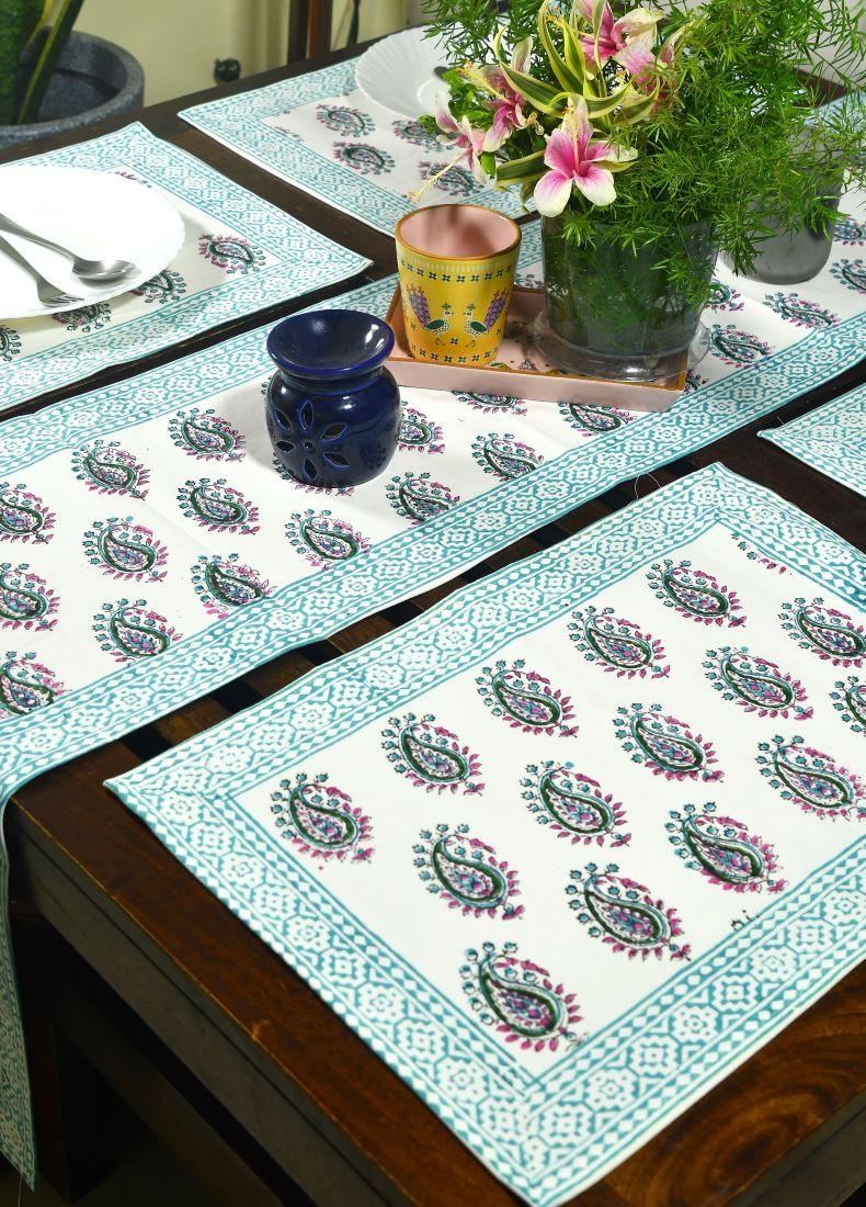 Rangeen Paisley Hand Block Cotton Canvas Table Runner & Mat Set