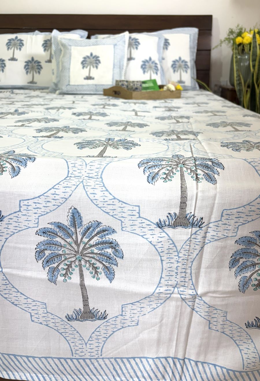 Light Blue Palm Tree Patterns Hand Block Bedsheet with 2 Pillow Cover Set - 400TC