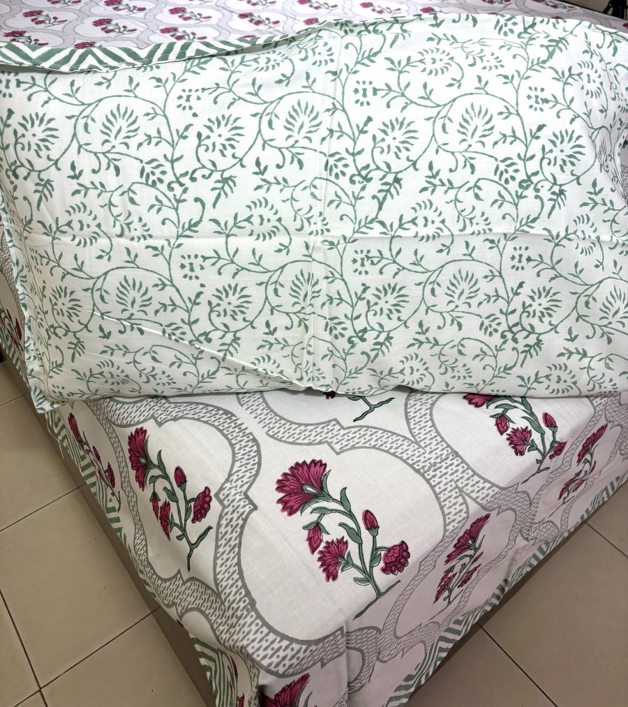 Deep Pink Carnation Flower Patterns Hand Block Bedsheet with 2 Pillow Cover Set - 400TC