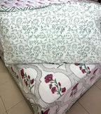 Deep Pink Carnation Flower Patterns Hand Block Bedsheet with 2 Pillow Cover Set - 400TC
