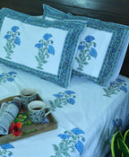 Light Blue Flower Hand Block Bedsheet with 2 Pillow Cover Set - 280TC