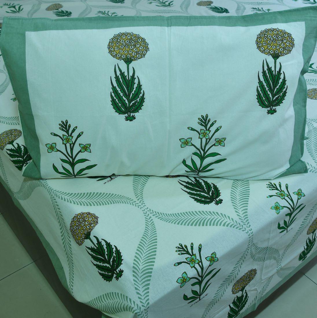 Marigold with Purple Lily Hand Block Bedsheet with 2 Pillow Cover Set - 220TC