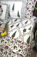 Green & Maroon Tree of Life Patterns Hand Block Quilt/ Razai
