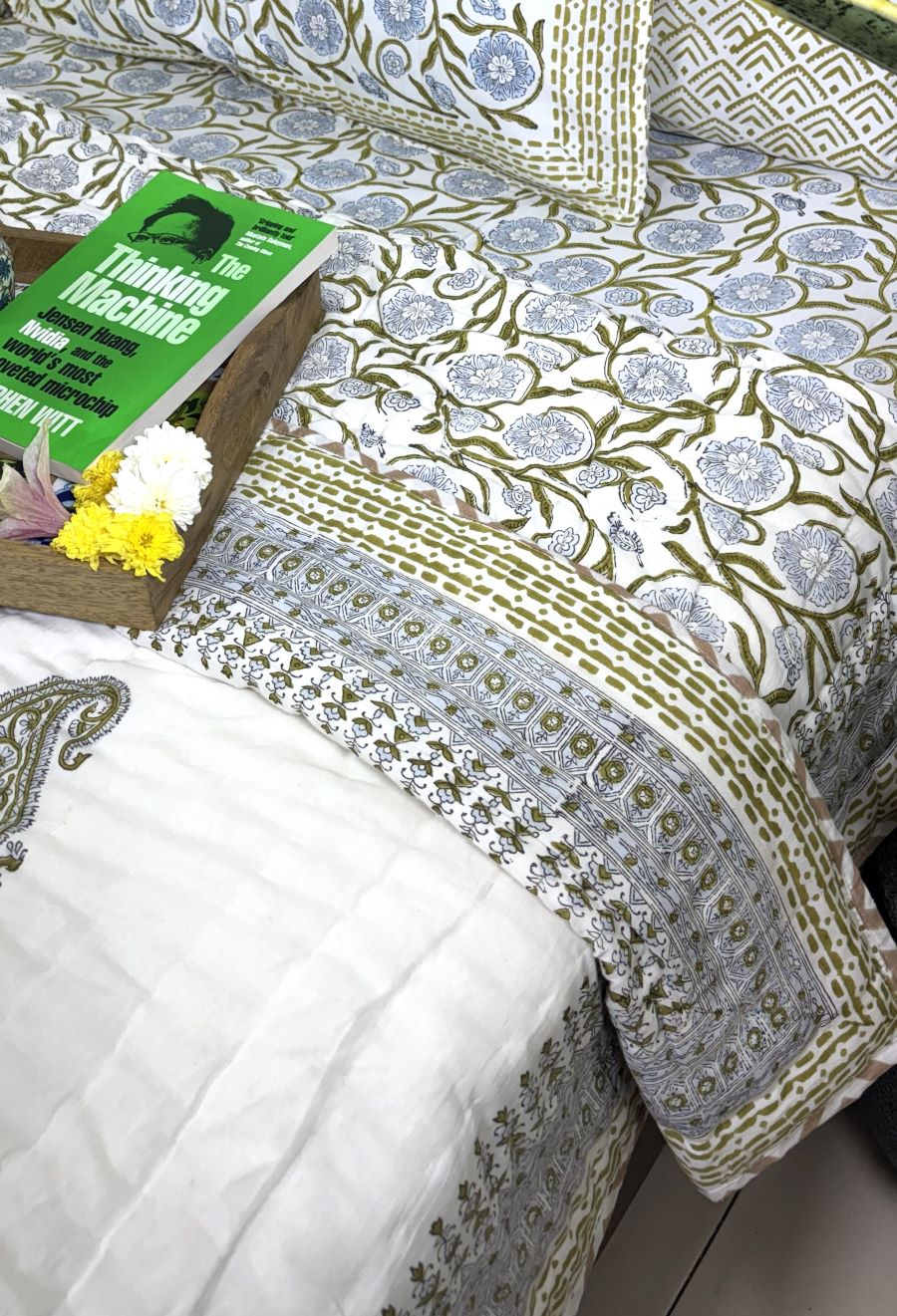 Green Flower Jaal Patterns Hand Block Quilt/ Razai