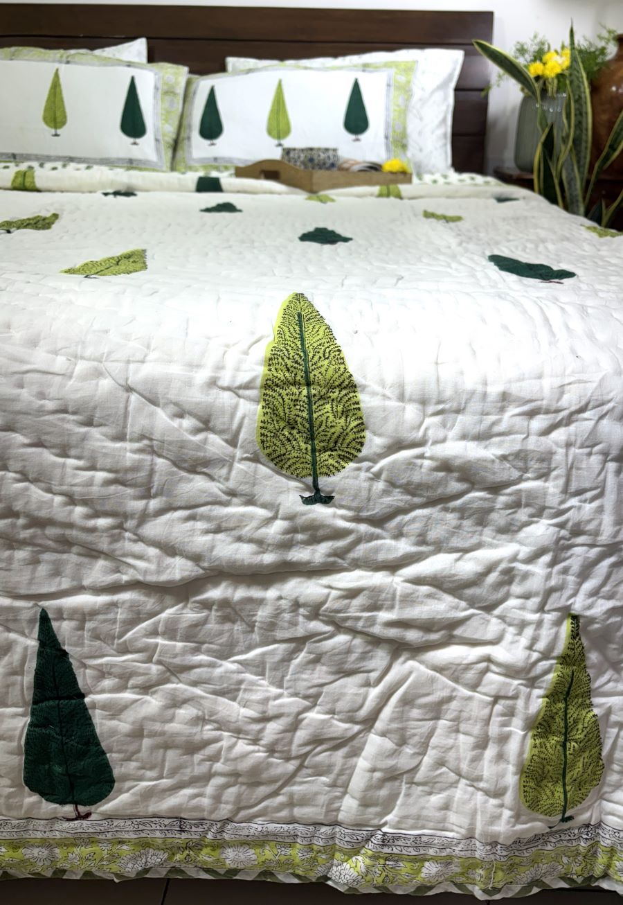 Green Tree Motif Patterns Hand Block Quilt/ Razai