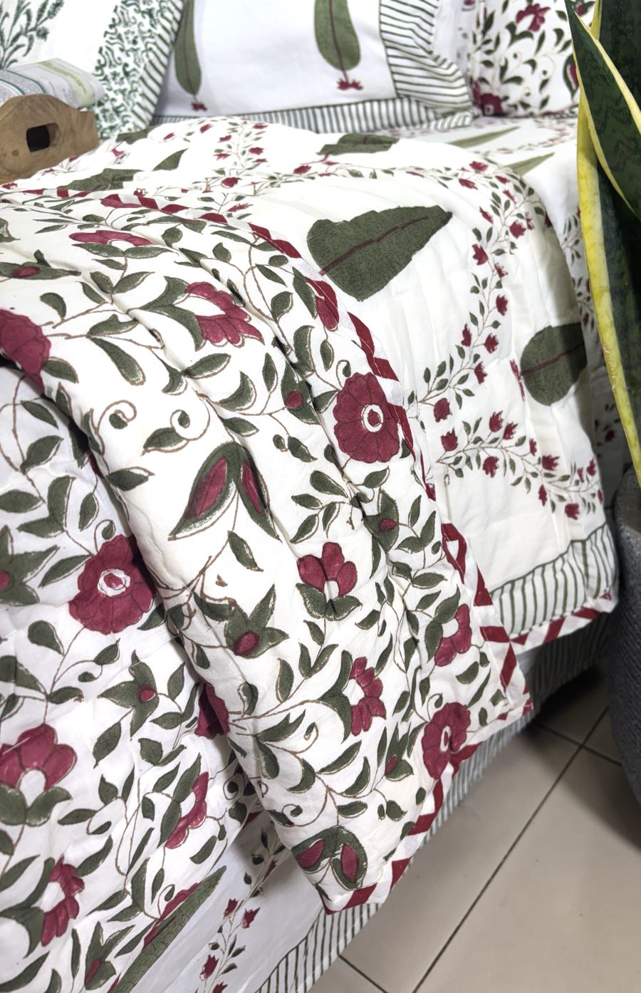 Green & Maroon Tree of Life Patterns Hand Block Quilt/ Razai