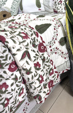 Green & Maroon Tree of Life Patterns Hand Block Quilt/ Razai